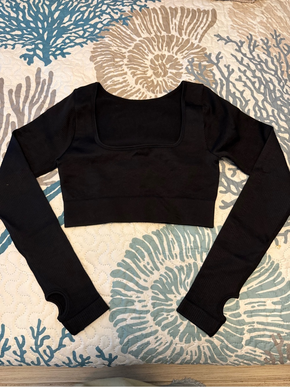 Black Long-Sleeve Crop Top with Square Neck